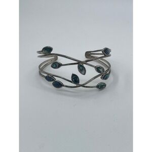 Vintage Artisan Abalone Shell Leaf Vine Cuff Bracelet Silver Tone Iridescent